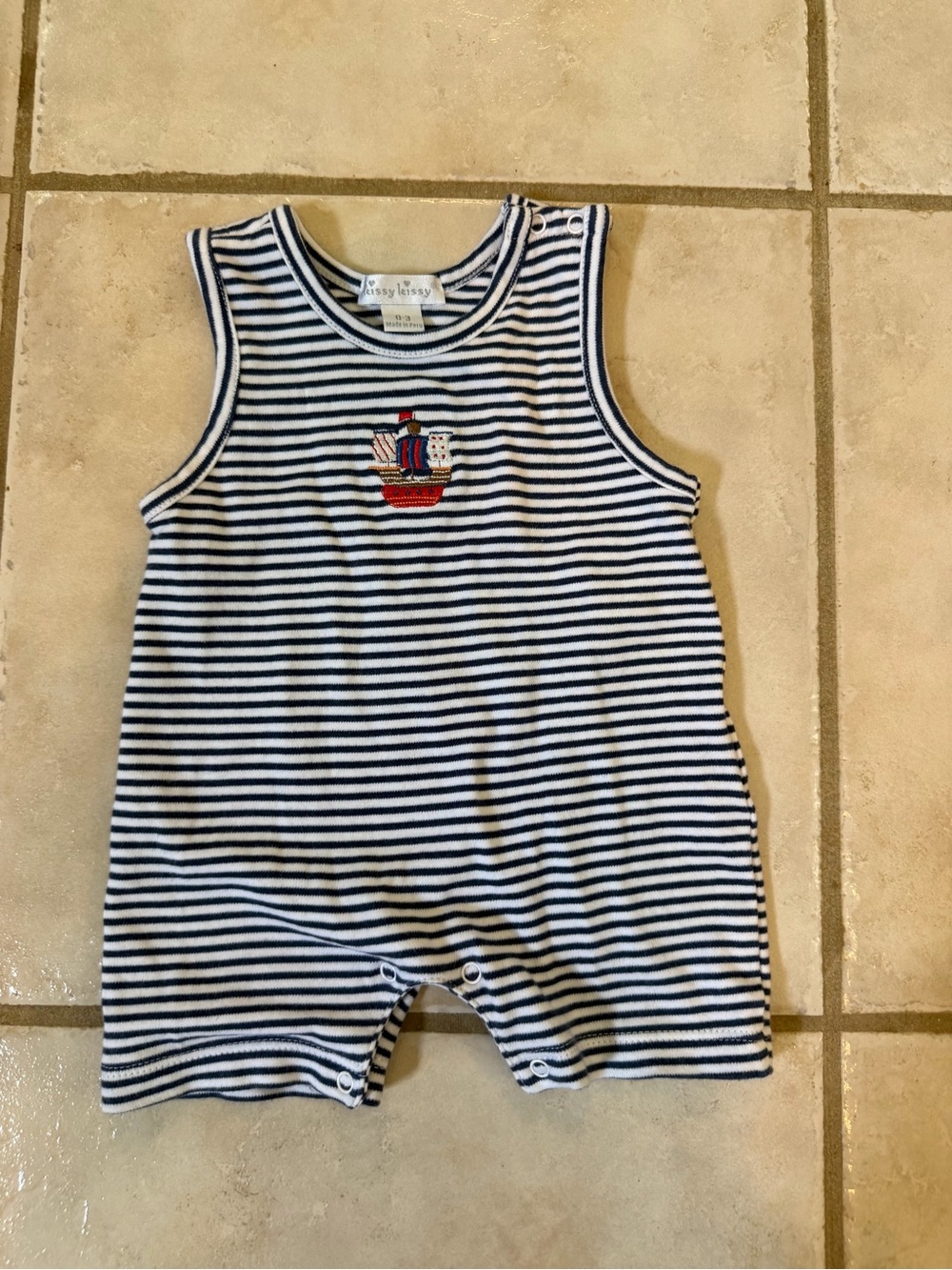 Kissy Kissy Navy and White Striped Sailboat Romper